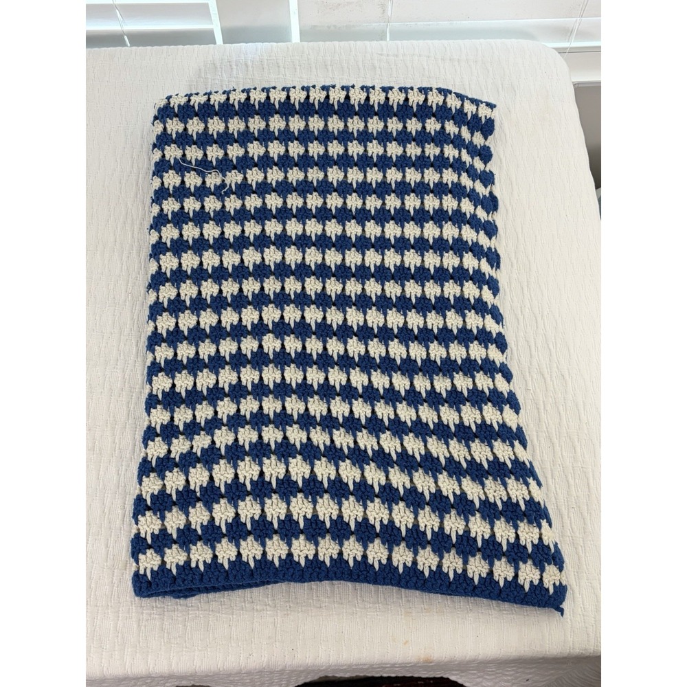 Handmade Afghan Comforter, Blue And White, Size About 57x57in